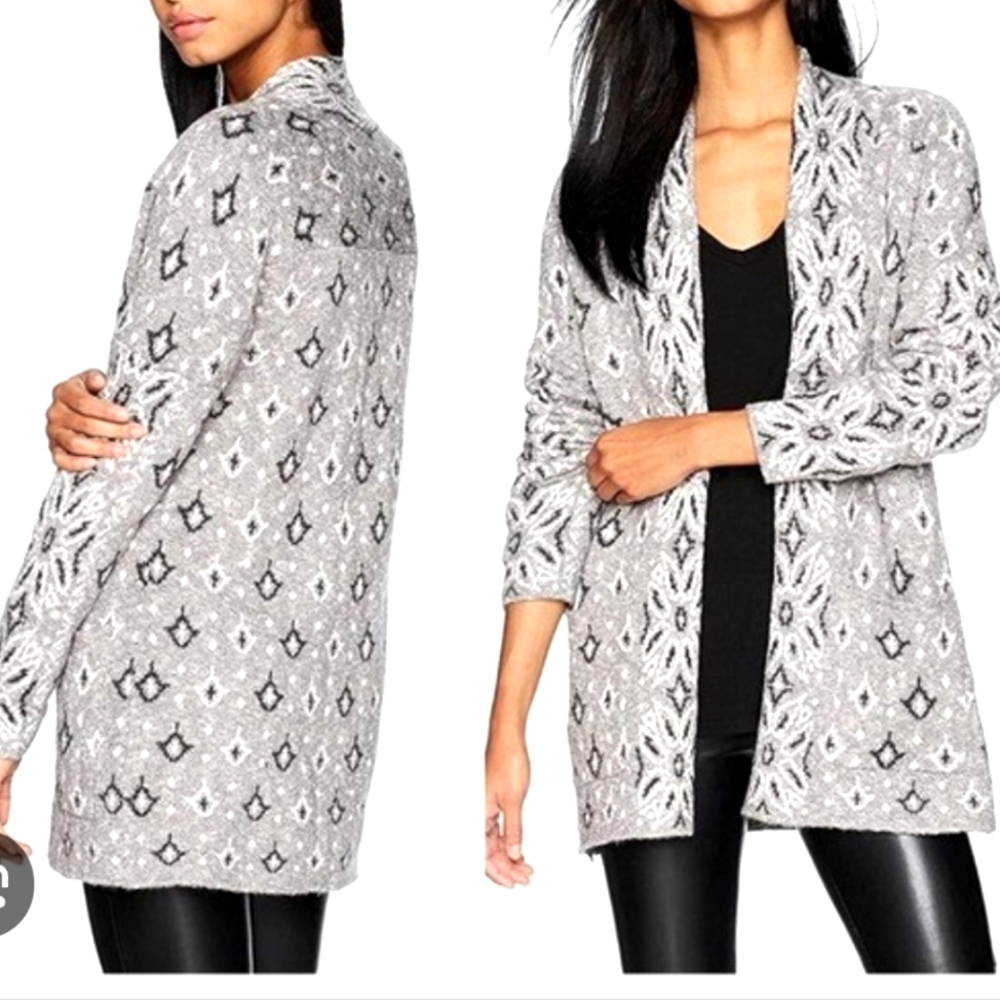 Lucky Brand Lauryn Gray Printed Long Cardigan Sweater, Size S